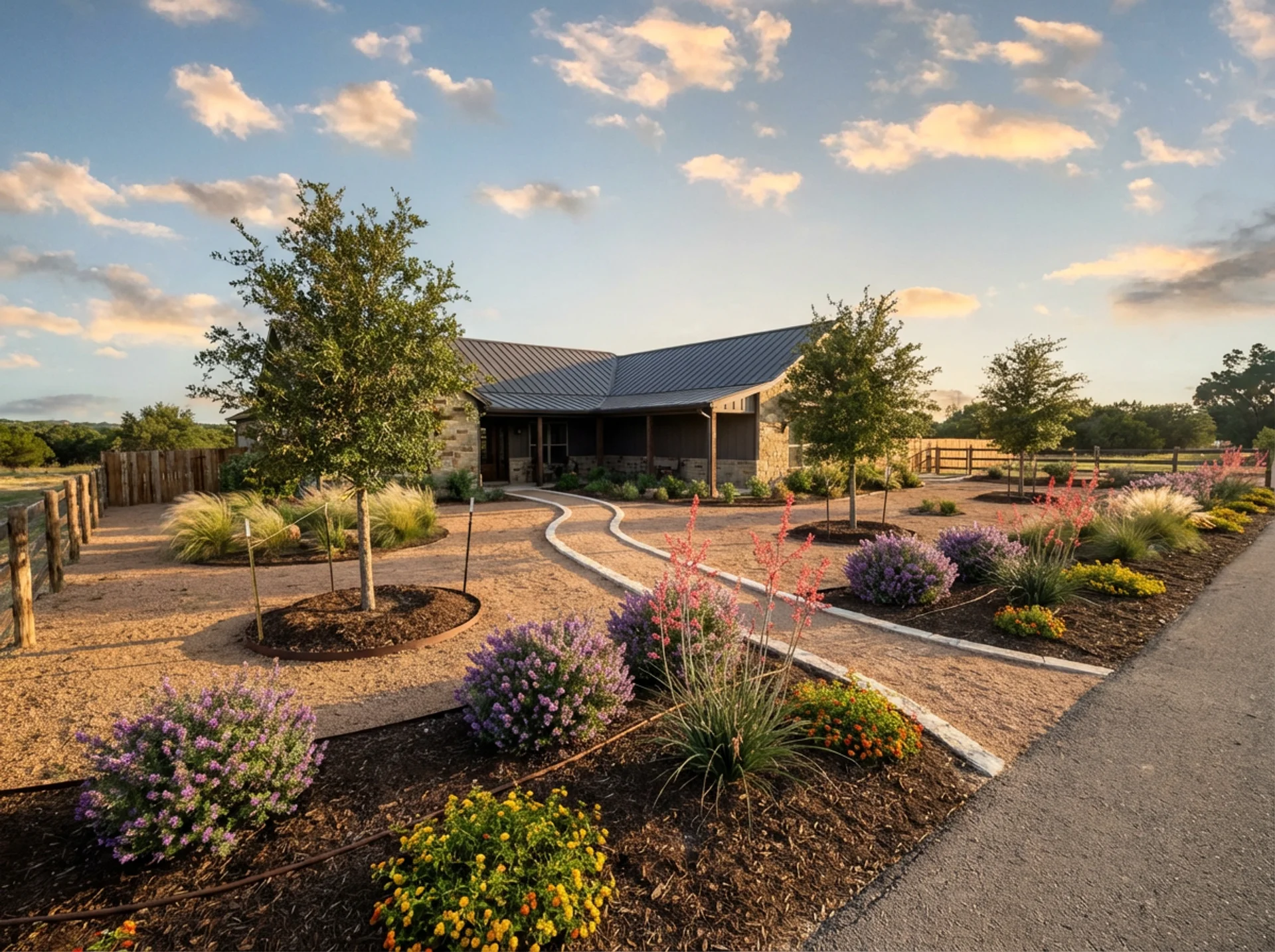 Beautiful Texas Hill Country landscape with native trees and plants professionally installed